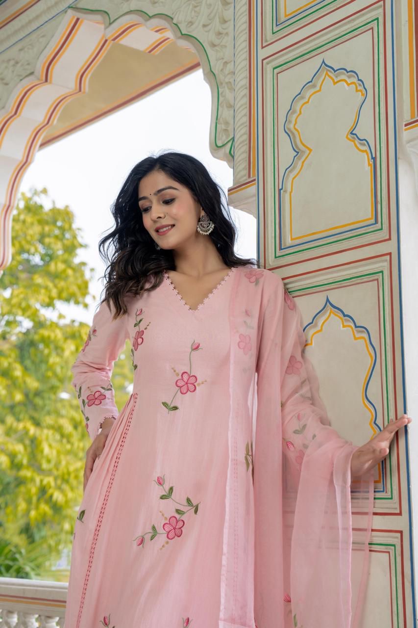 Floral Embroidered A-line Brush Paint Kurta Set