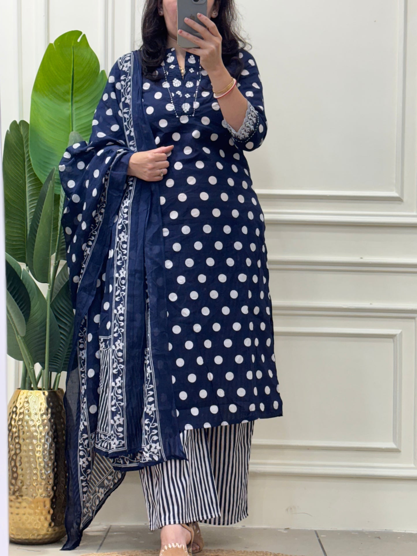 Blue cotton yolk embroidery kurta with plazzo