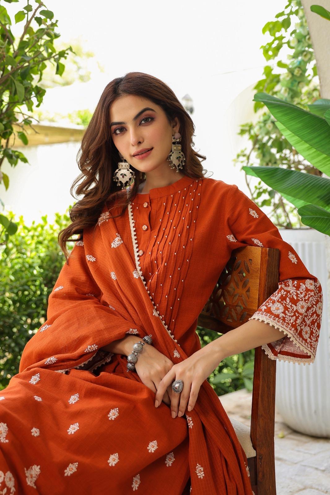 Rust Colour Cotton Anarkali suits