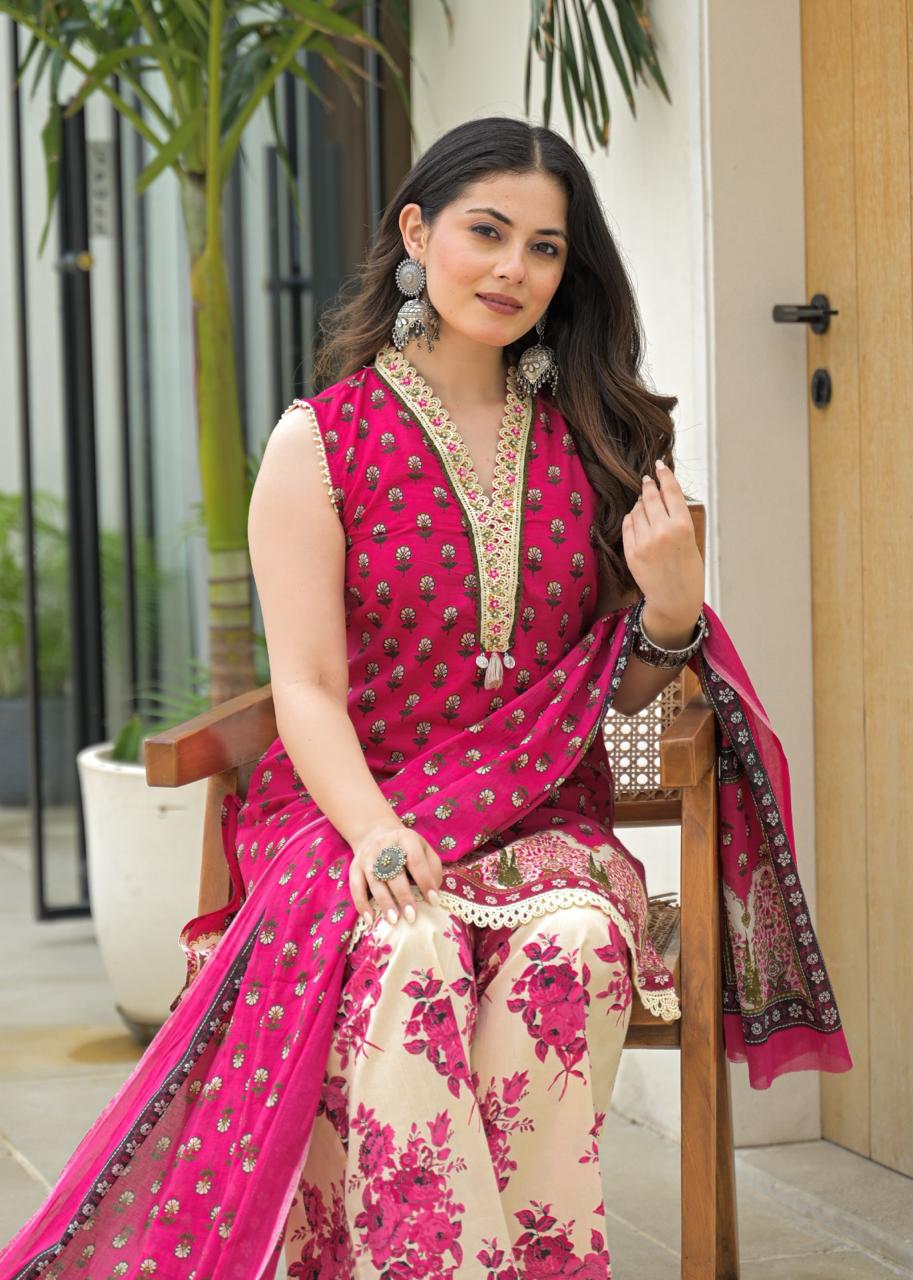 Pure cotton floral laced designer kurta set