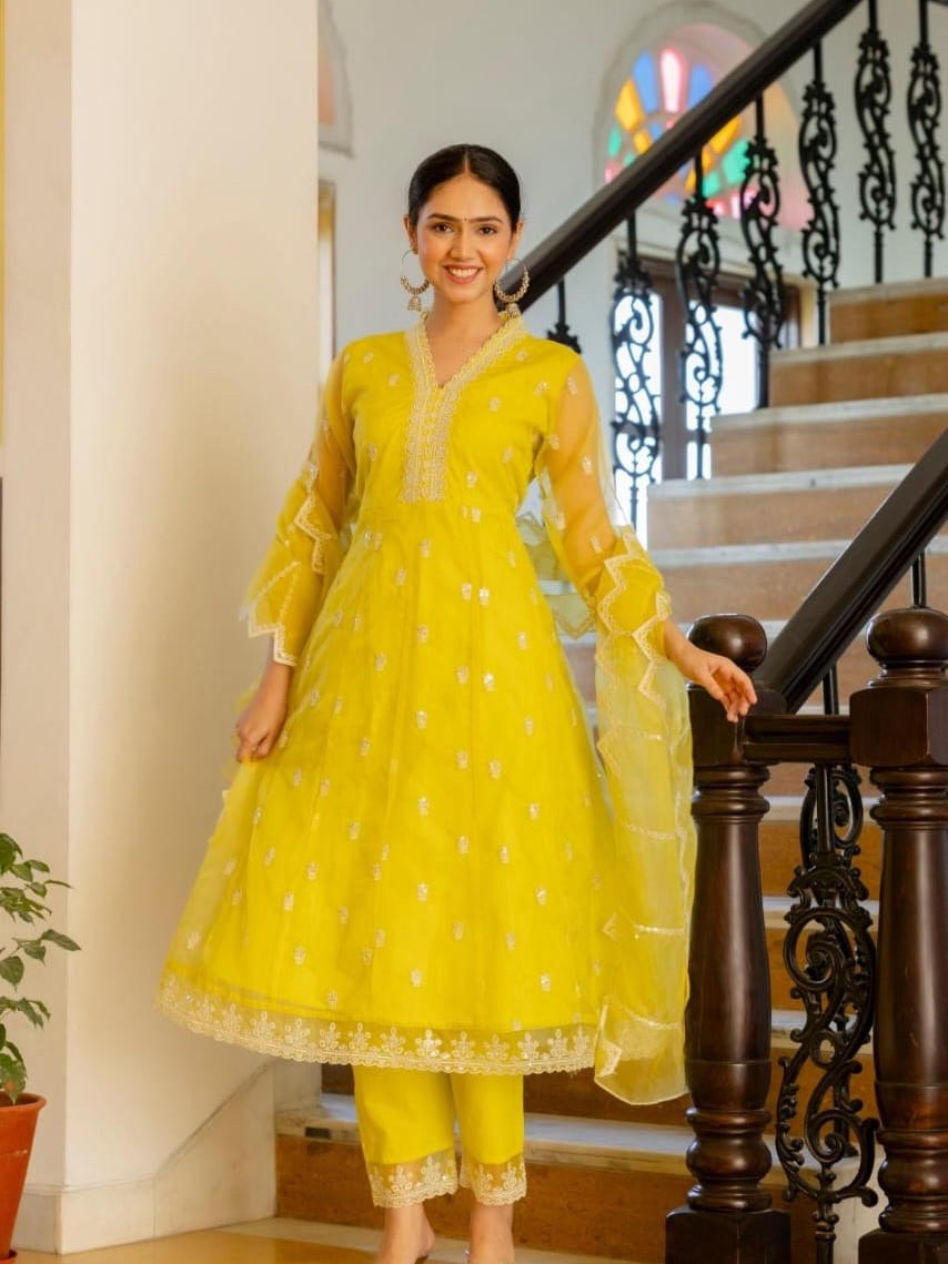 open lace back dress Off White Floral Embroidered Organza Anarkali