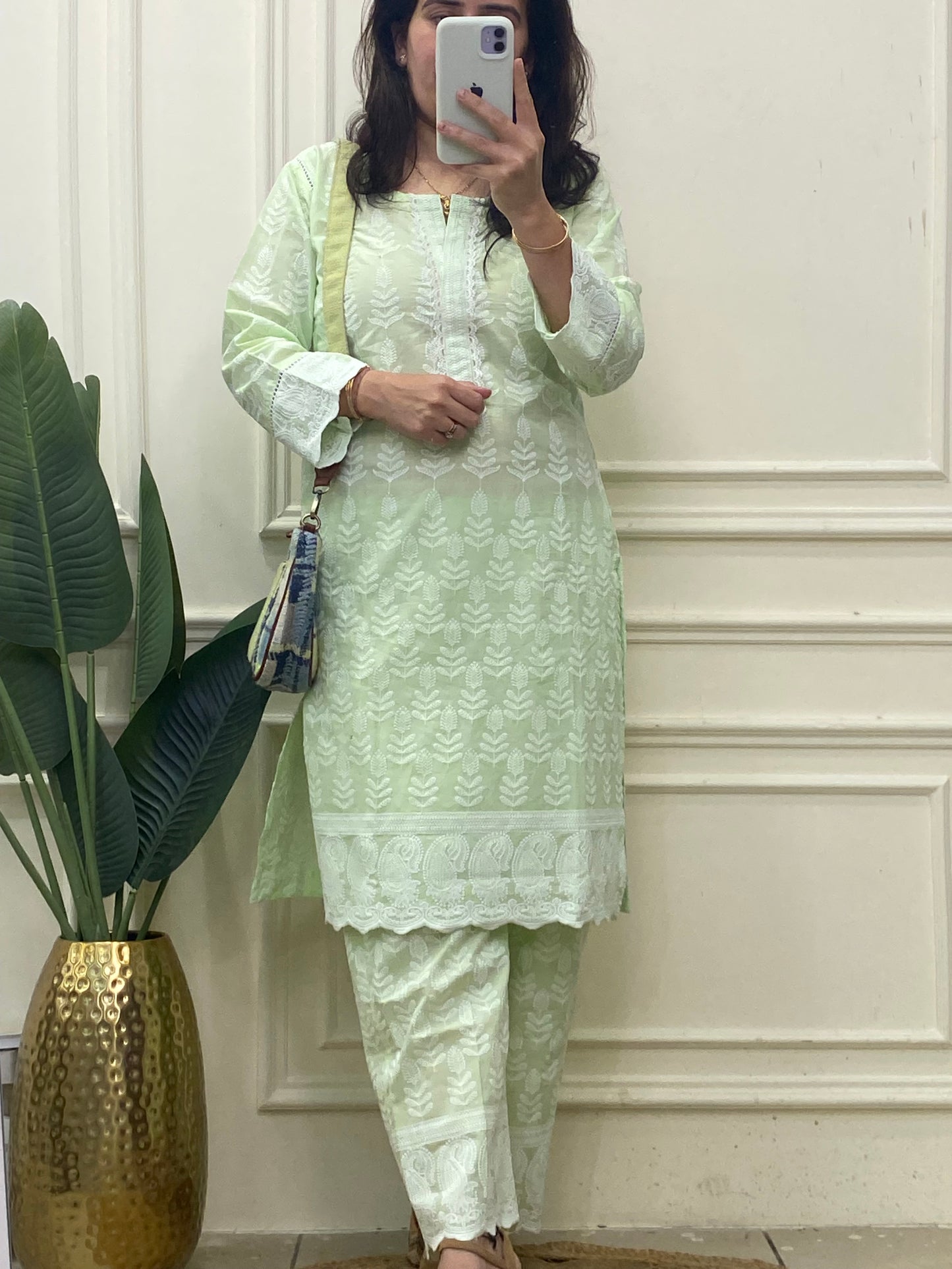 Green Lucknowi thread embroidery coordset