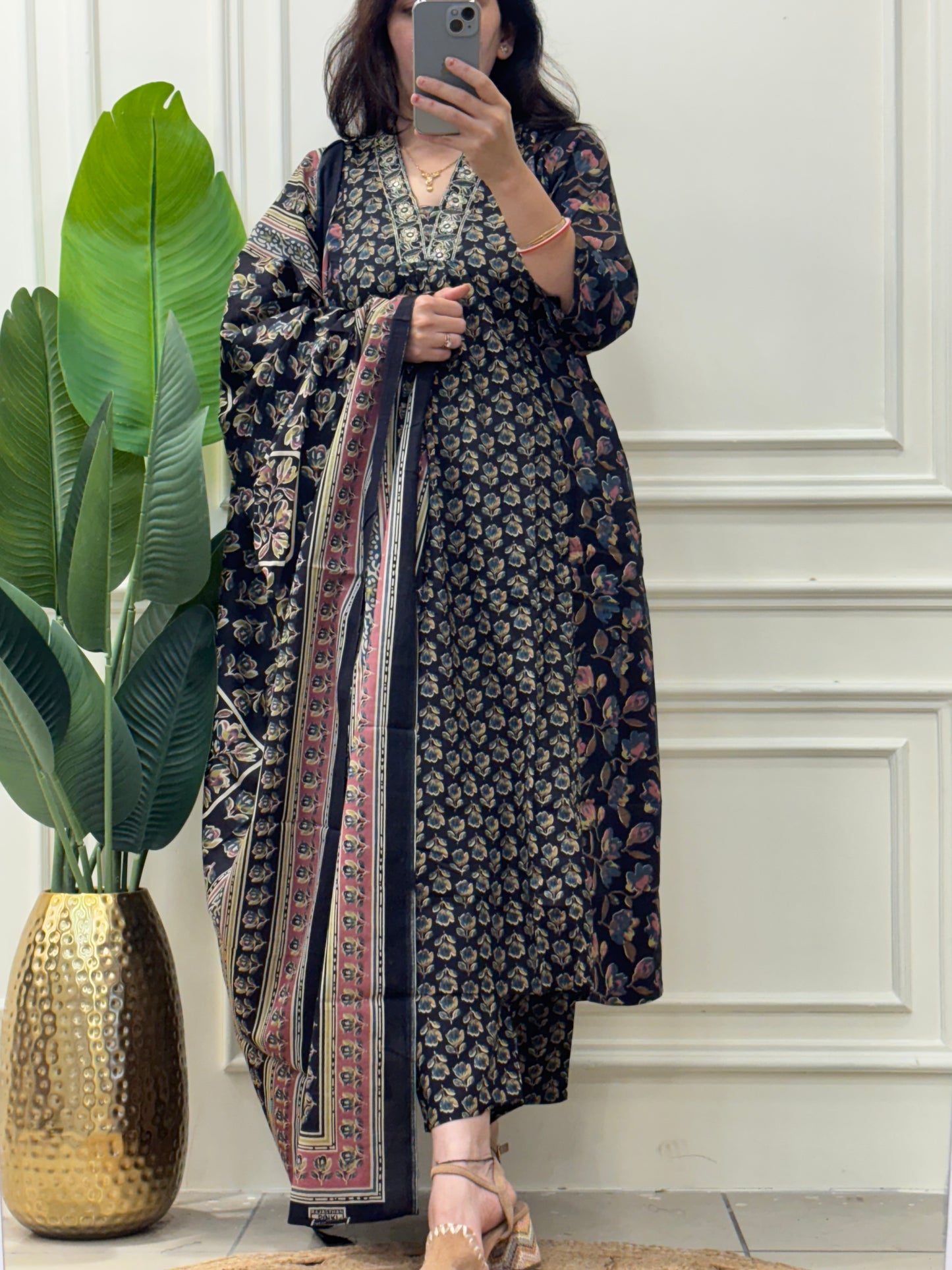 Black floral printed Aline kurta set