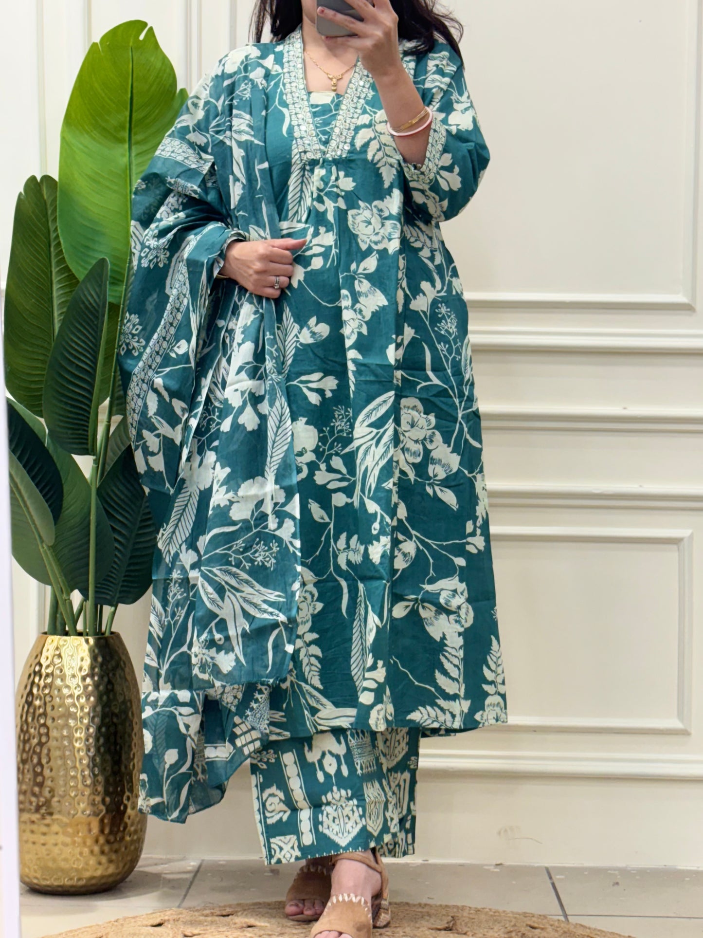 Green Vneck embroidered aline kurta set with plazzo