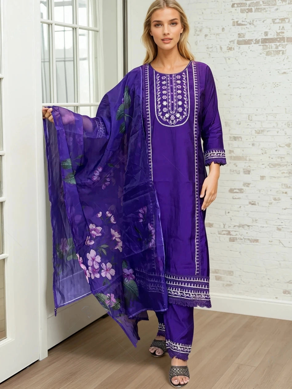 Purple laced silk kurta set