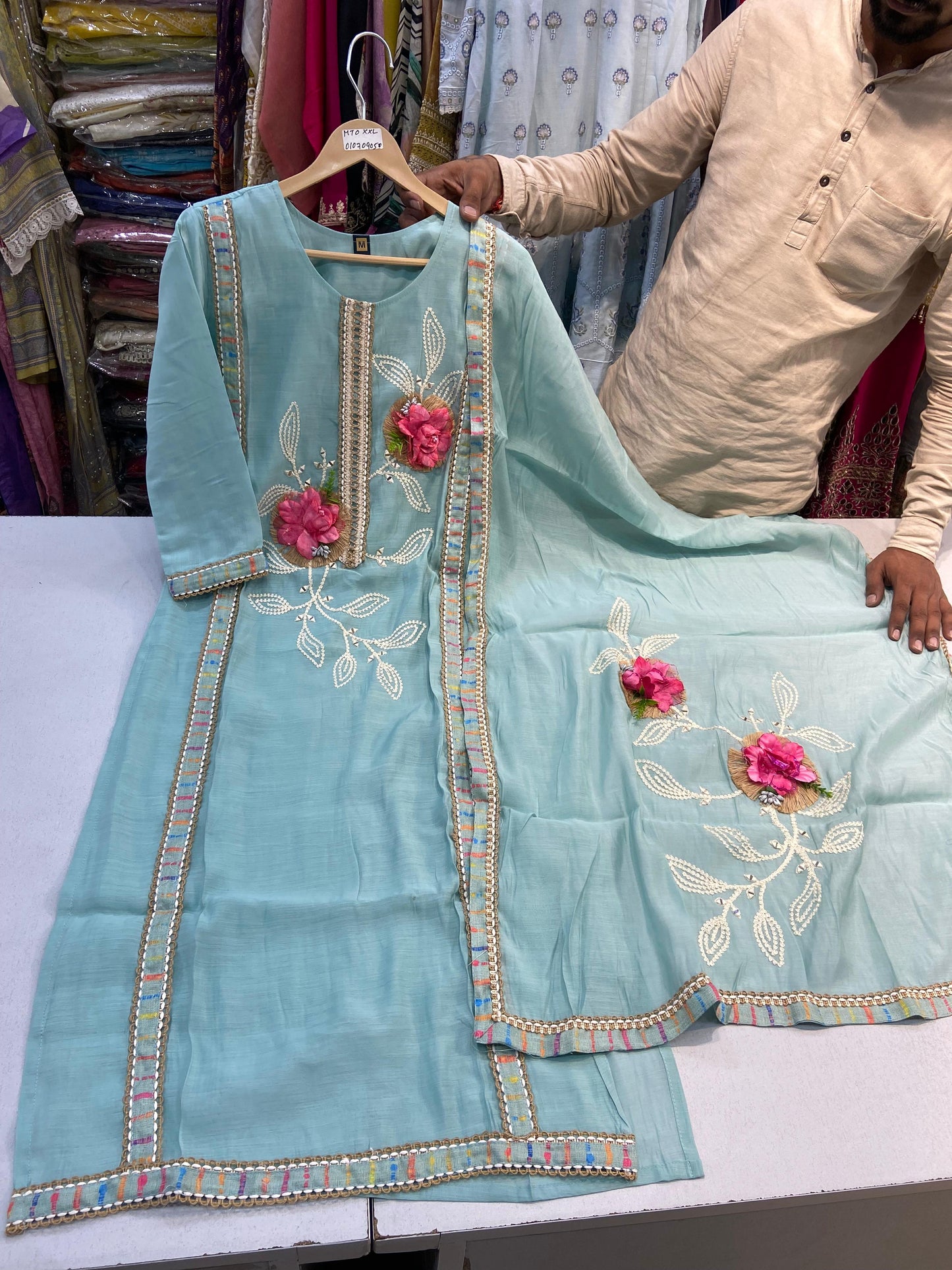 Pure Mul chanderi blue boutique style kurta set