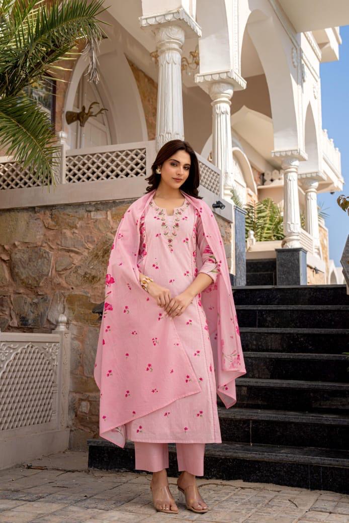 Pure Mulcotton floral pink kurta set