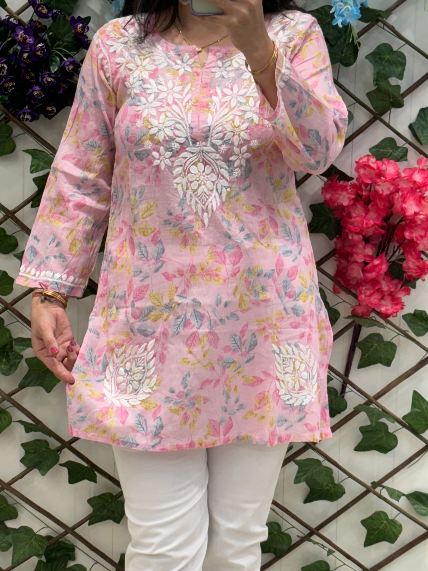 Pink Cotton Chikankari Kurti