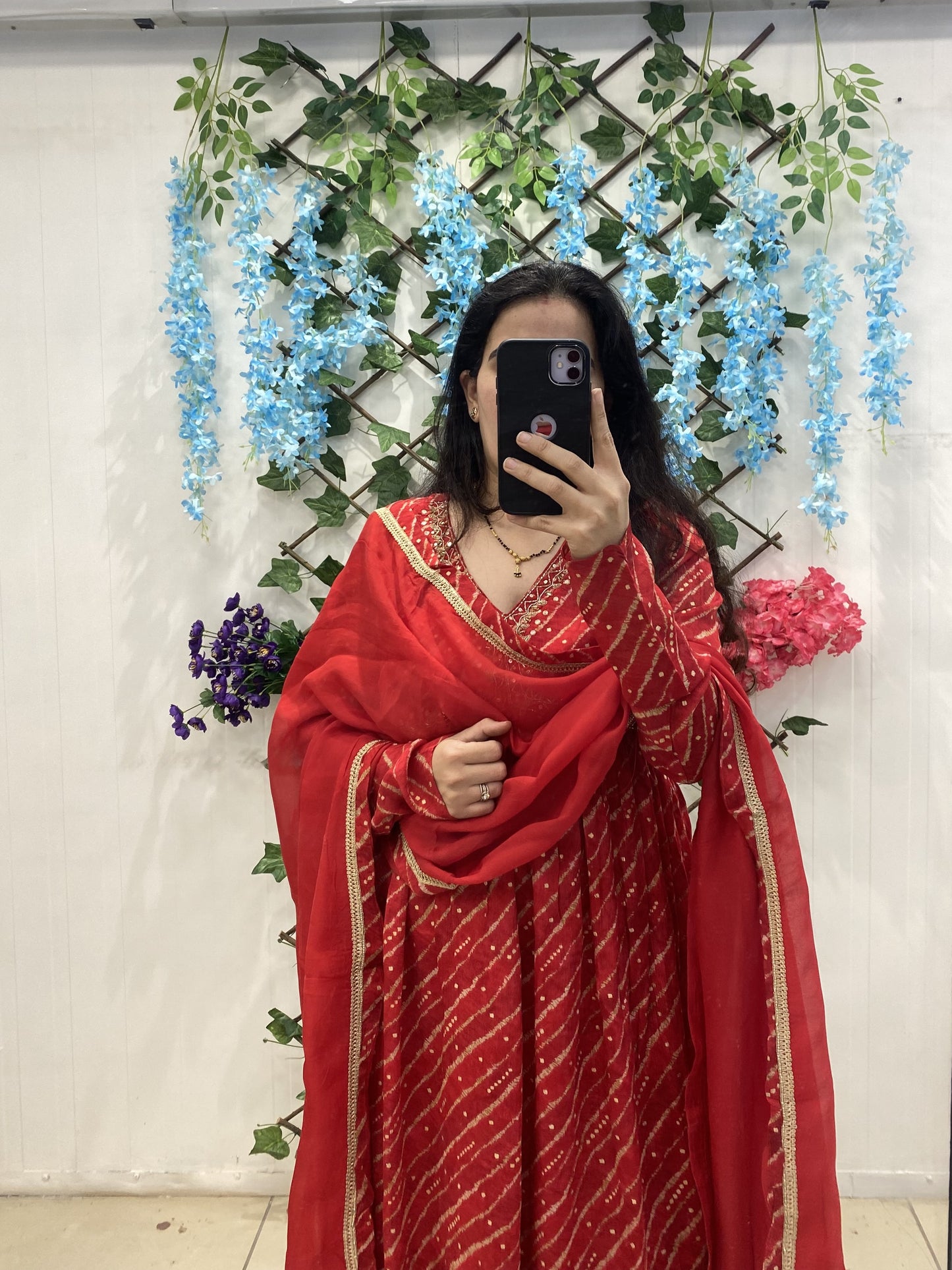 Red Chinon Alia Suit With Plazo