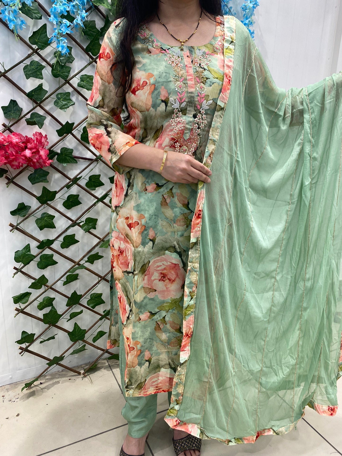 Green Party Suit With Embroidery On Neck