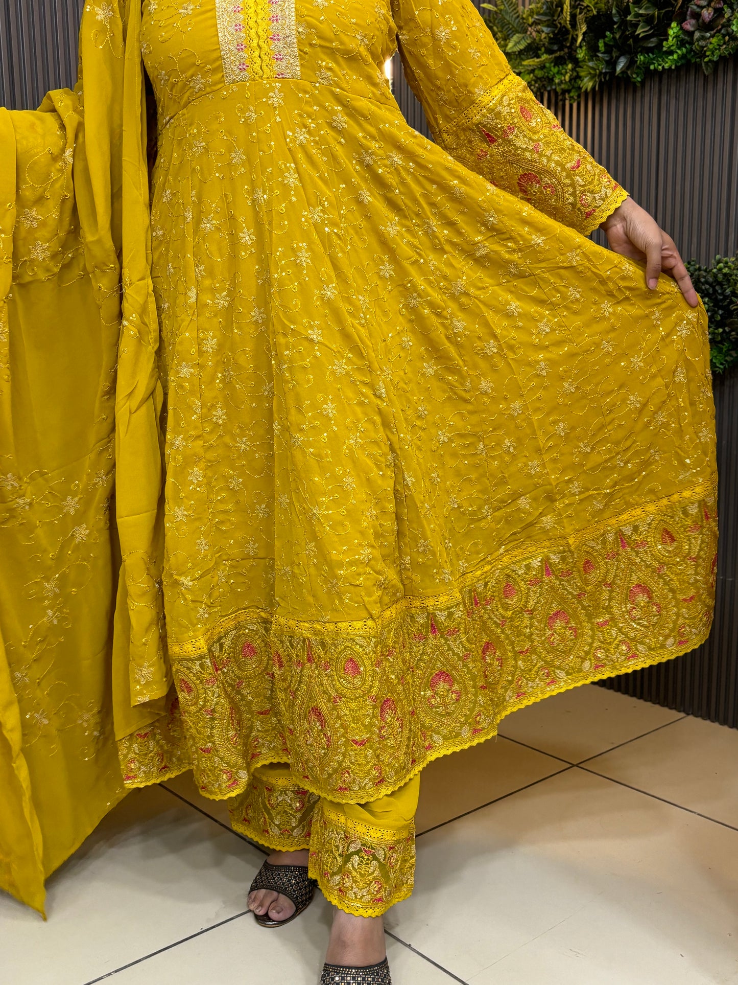 Mustard Georgette fully embroidered anarkali set