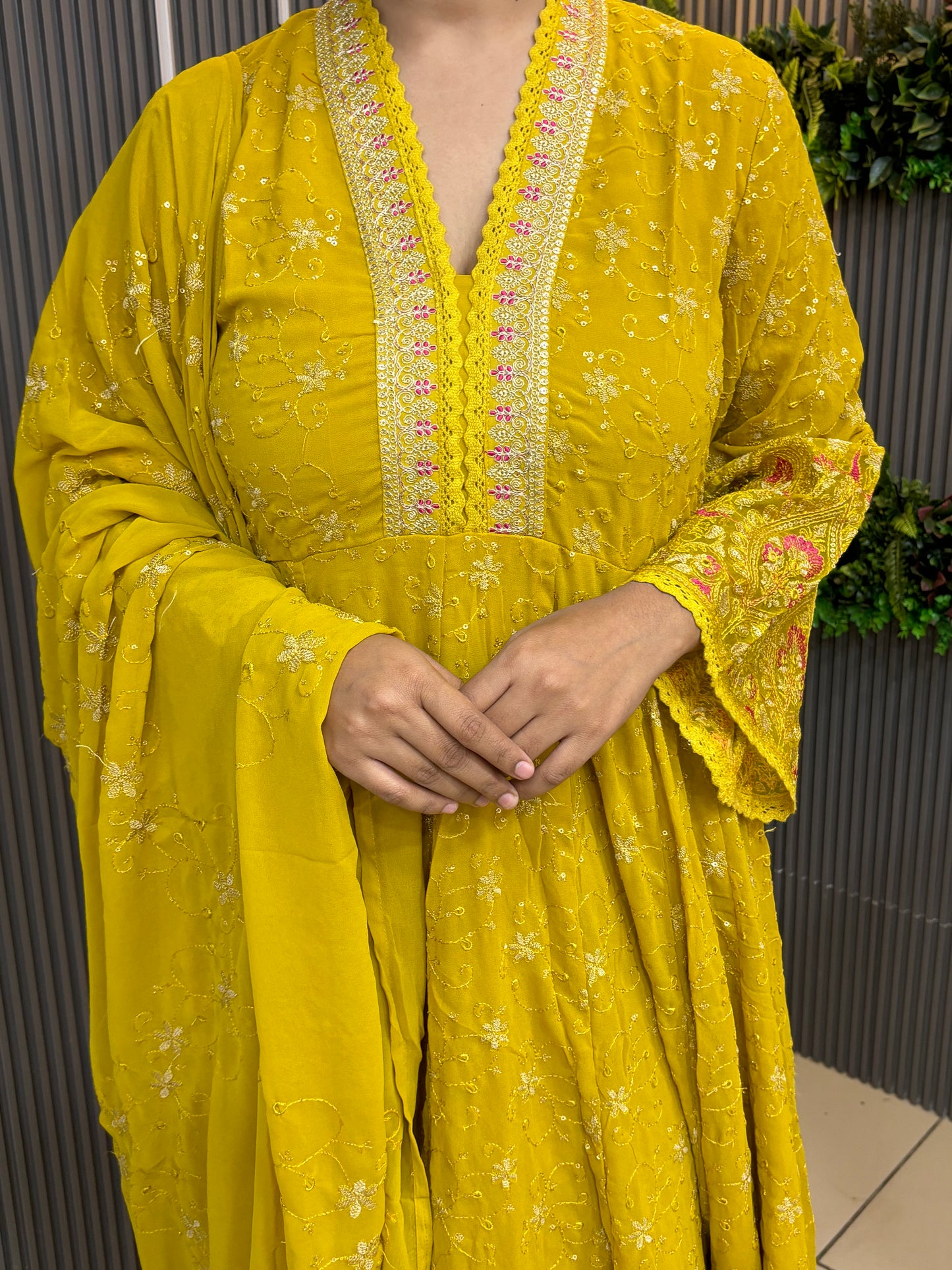 Mustard Georgette fully embroidered anarkali set