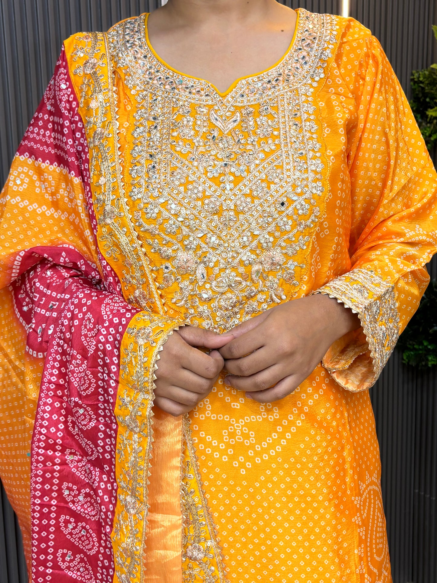 Yellow bandhani printed heavy embroidered plazzo set