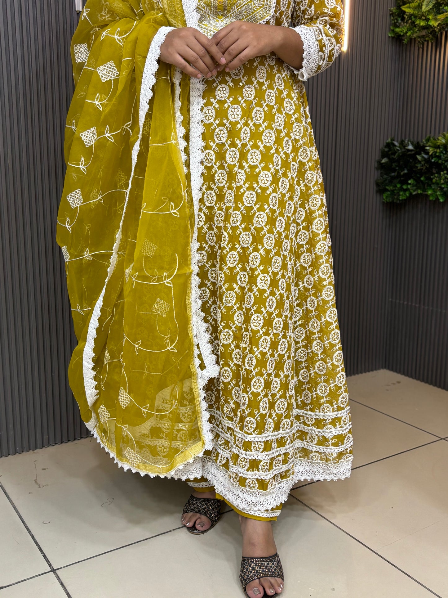 Mustard fully embroidered georgette anarset