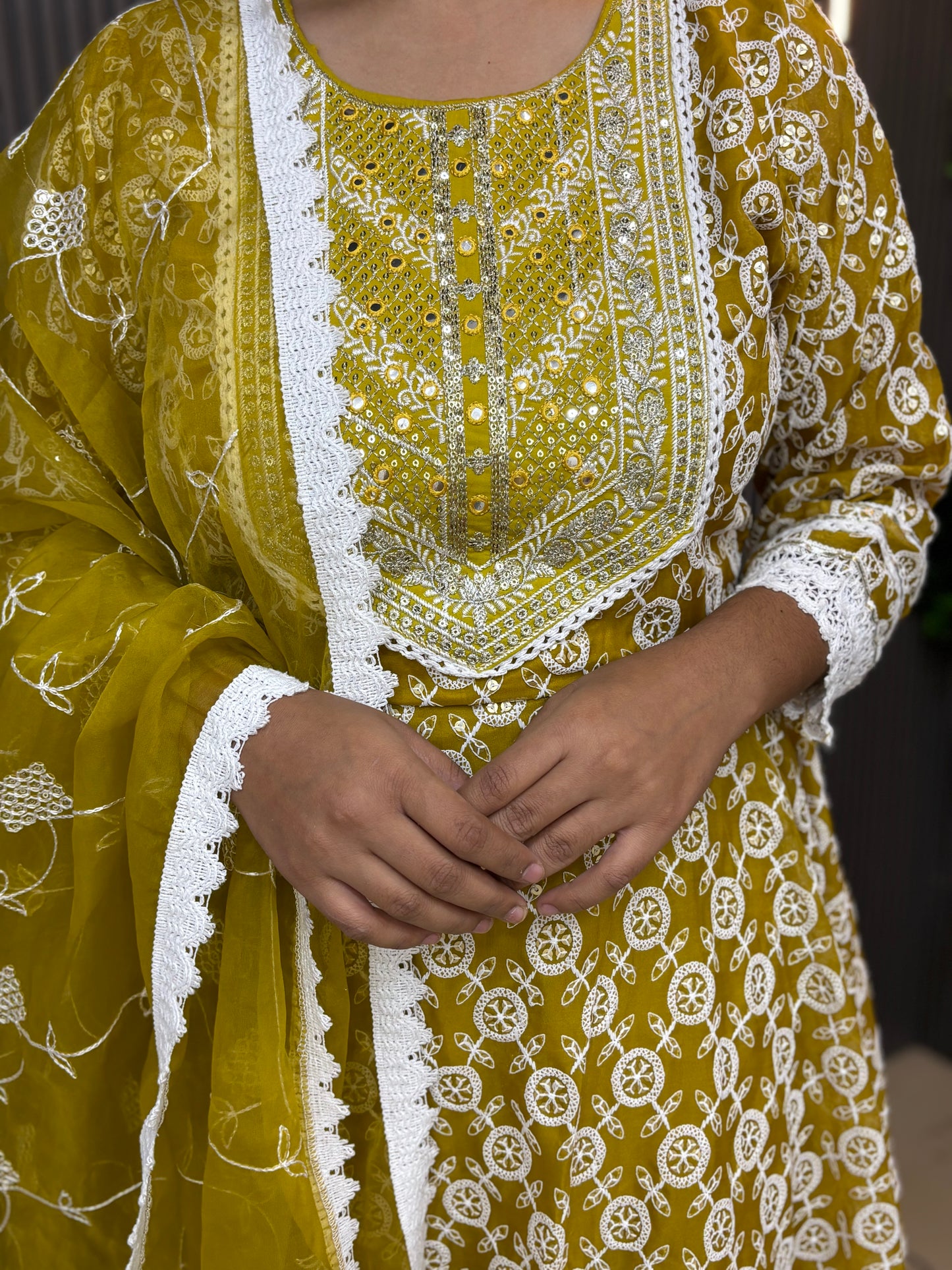 Mustard fully embroidered georgette anarset