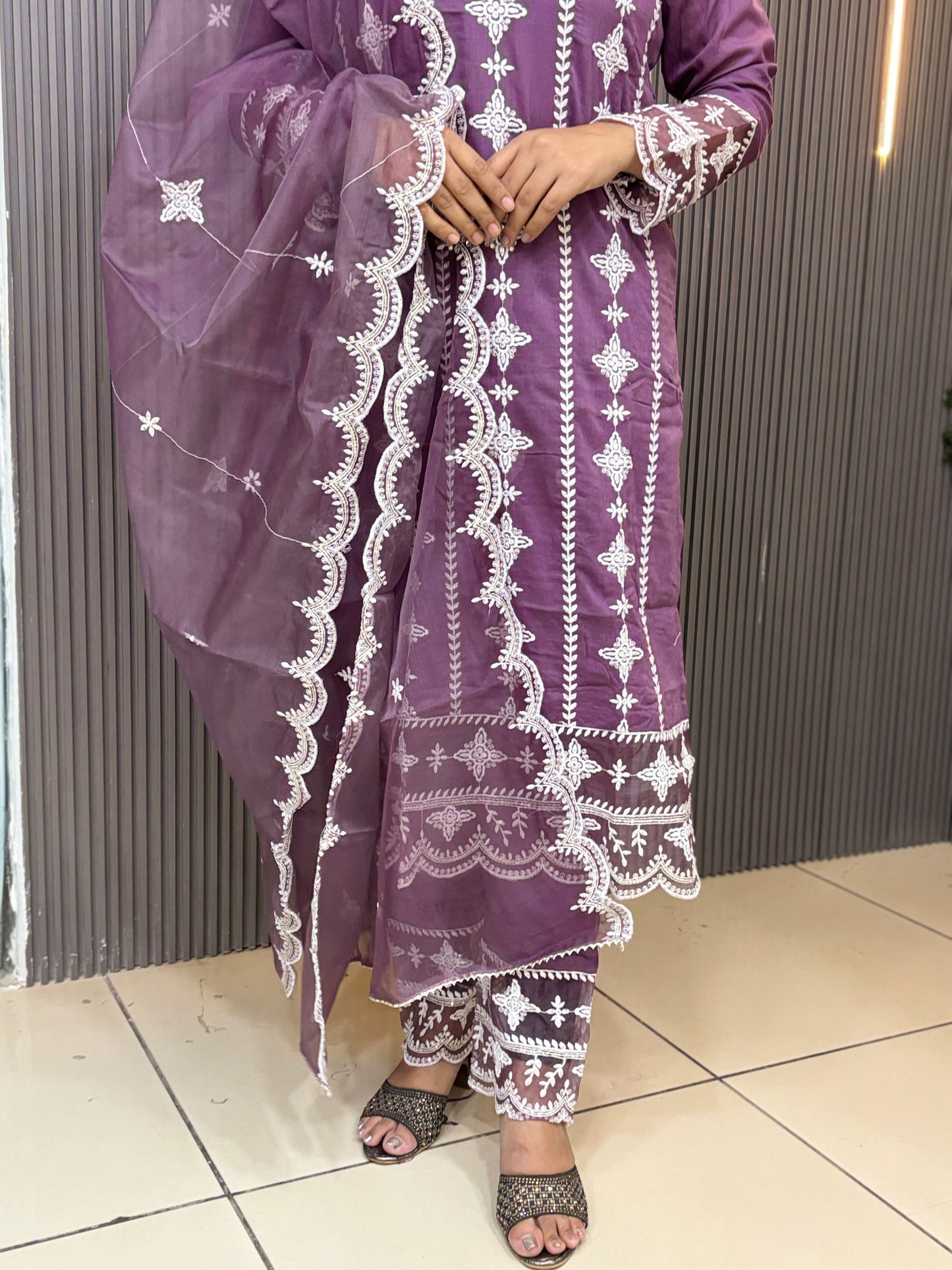 Fully embroidered lavender cotton kurta set