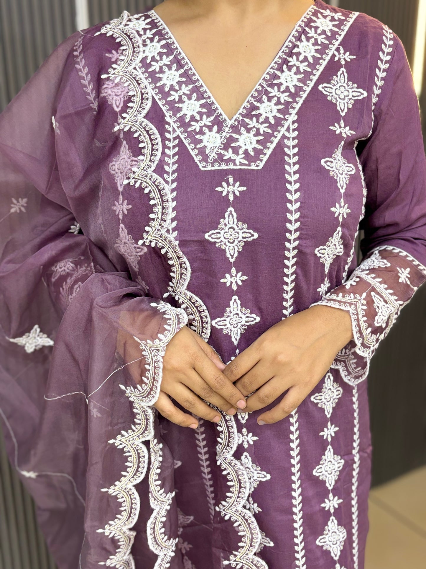 Fully embroidered lavender cotton kurta set