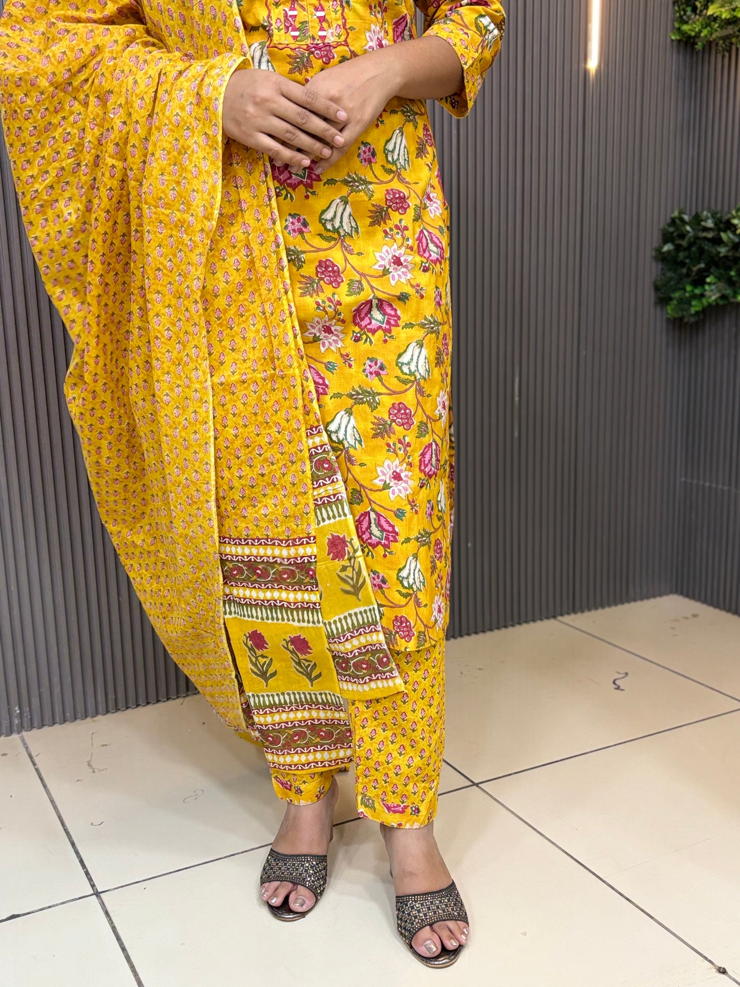 Yellow floral cotton kurta set