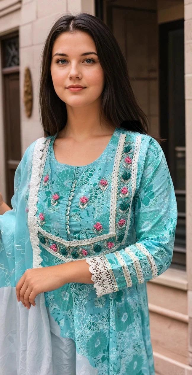Blue fully embroidered anarkali set