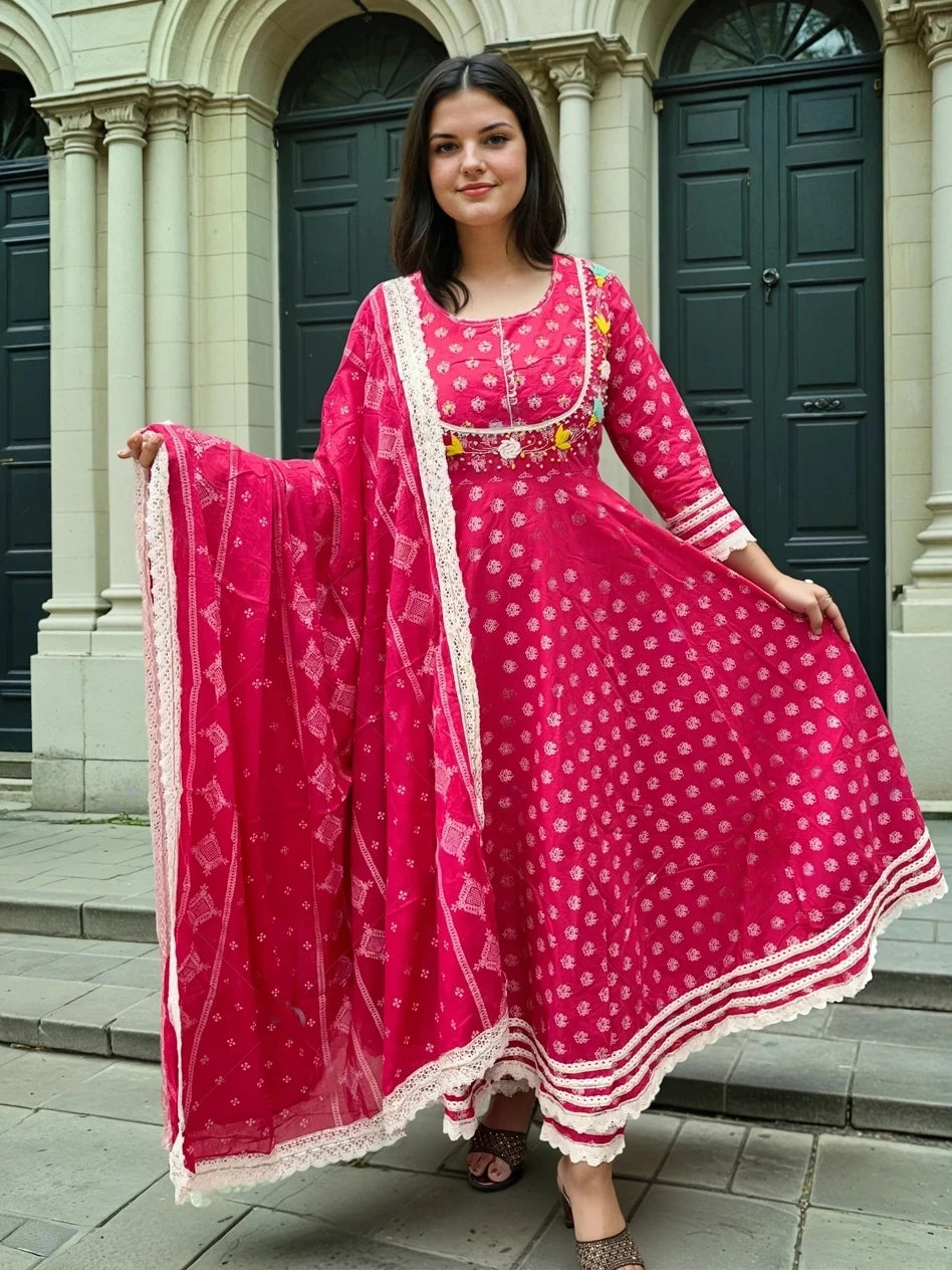 Red fully flaired pure cotton anarkali
