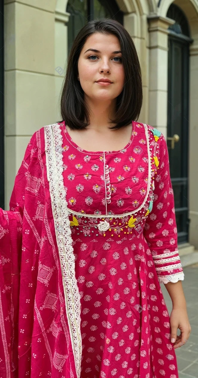 Red fully flaired pure cotton anarkali