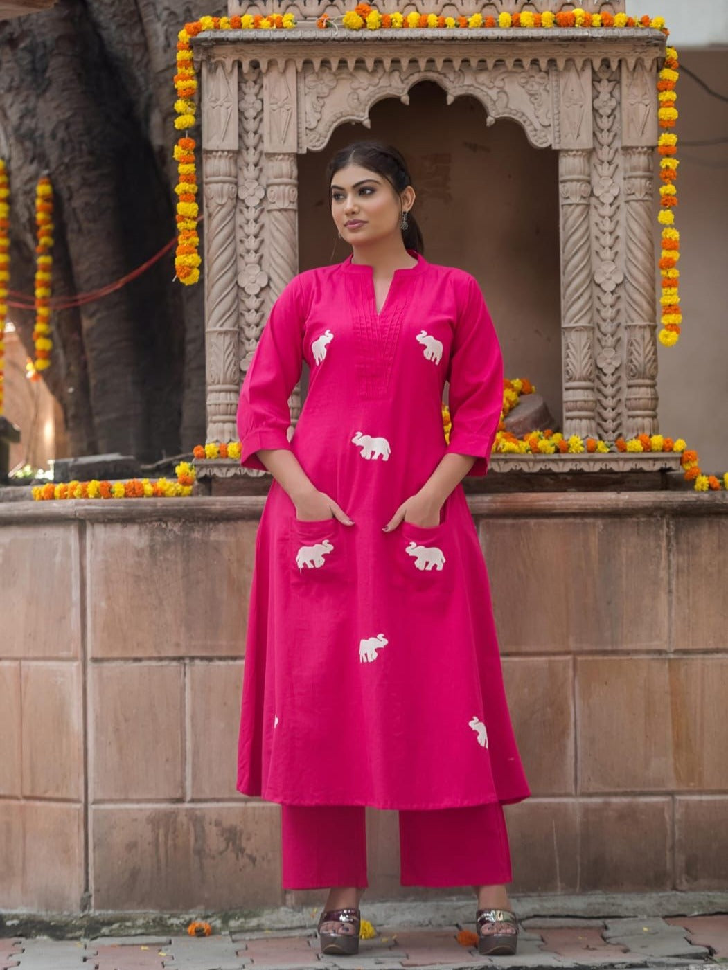 Flex Cotton Elephant Embroidered Kurta Pant Set