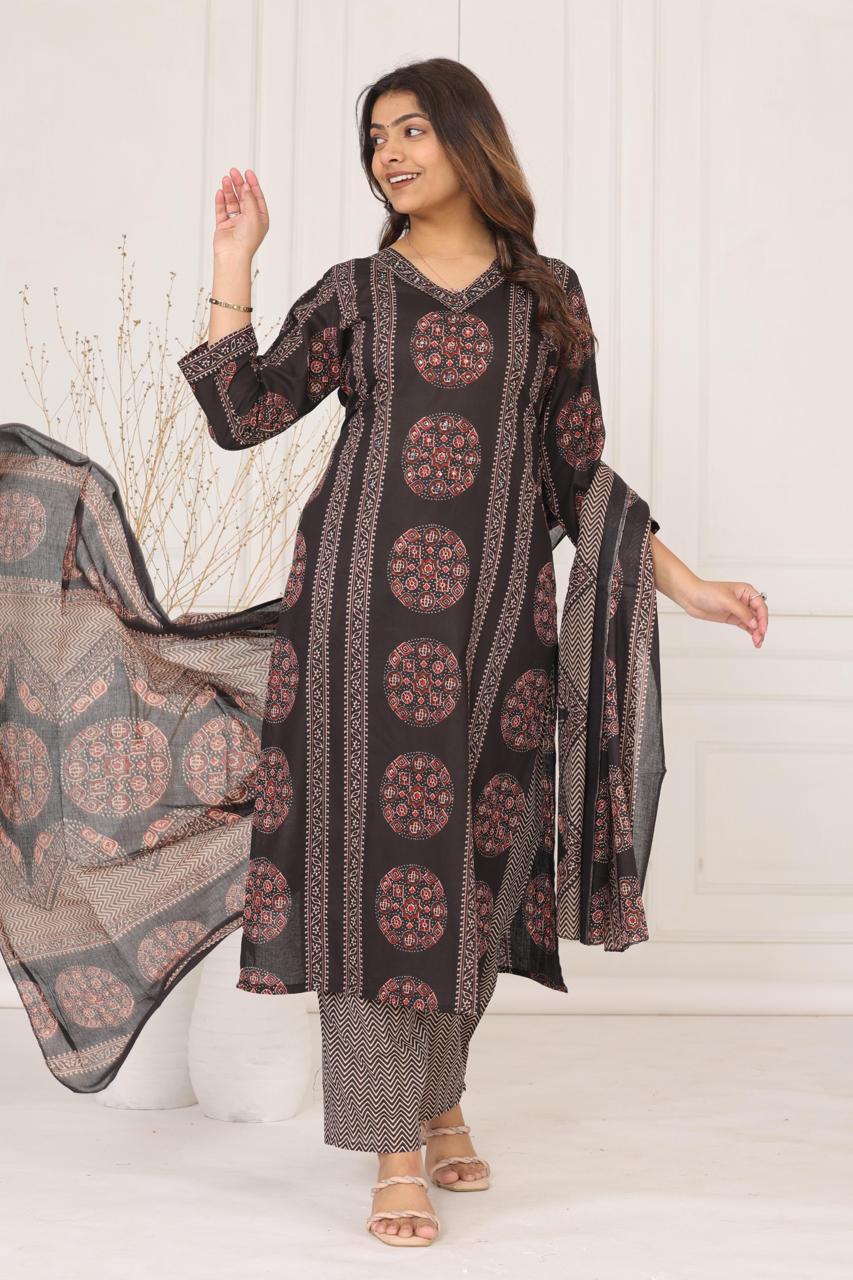 Black Cotton Straight Suit