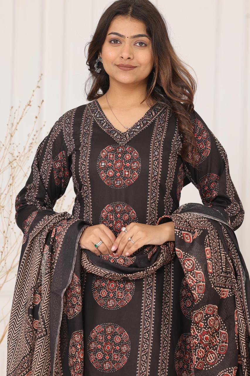 Black Cotton Straight Suit