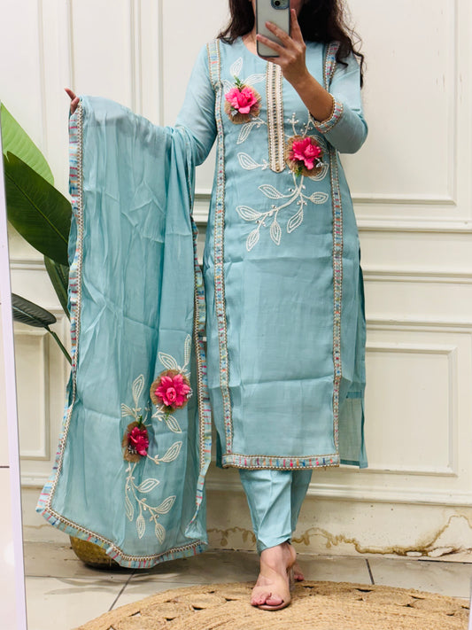 Pure Mul chanderi blue boutique style kurta set