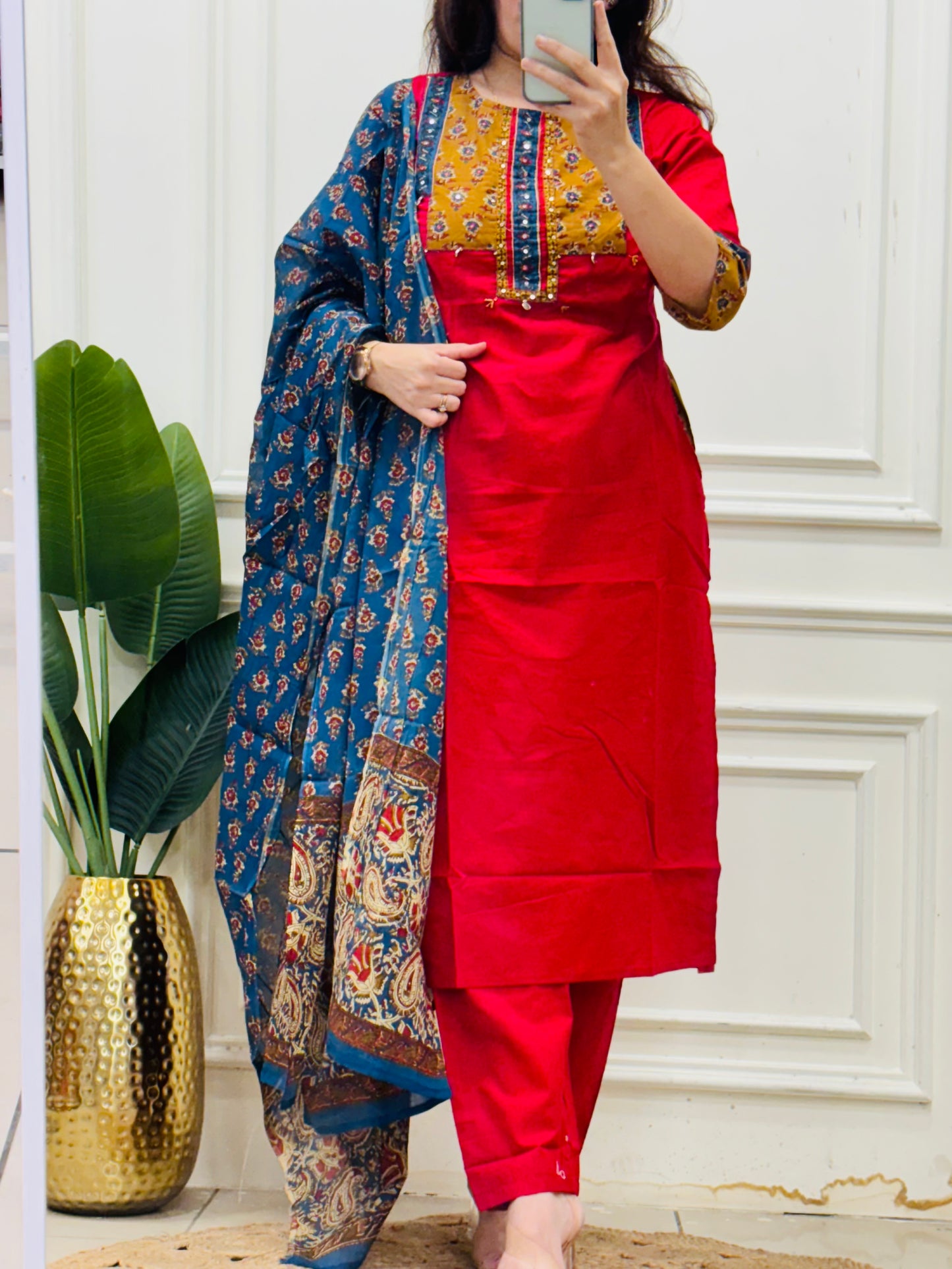 Pure cotton yolk Red embroidery kurta set
