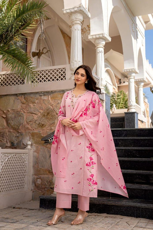 Pure Mulcotton floral pink kurta set