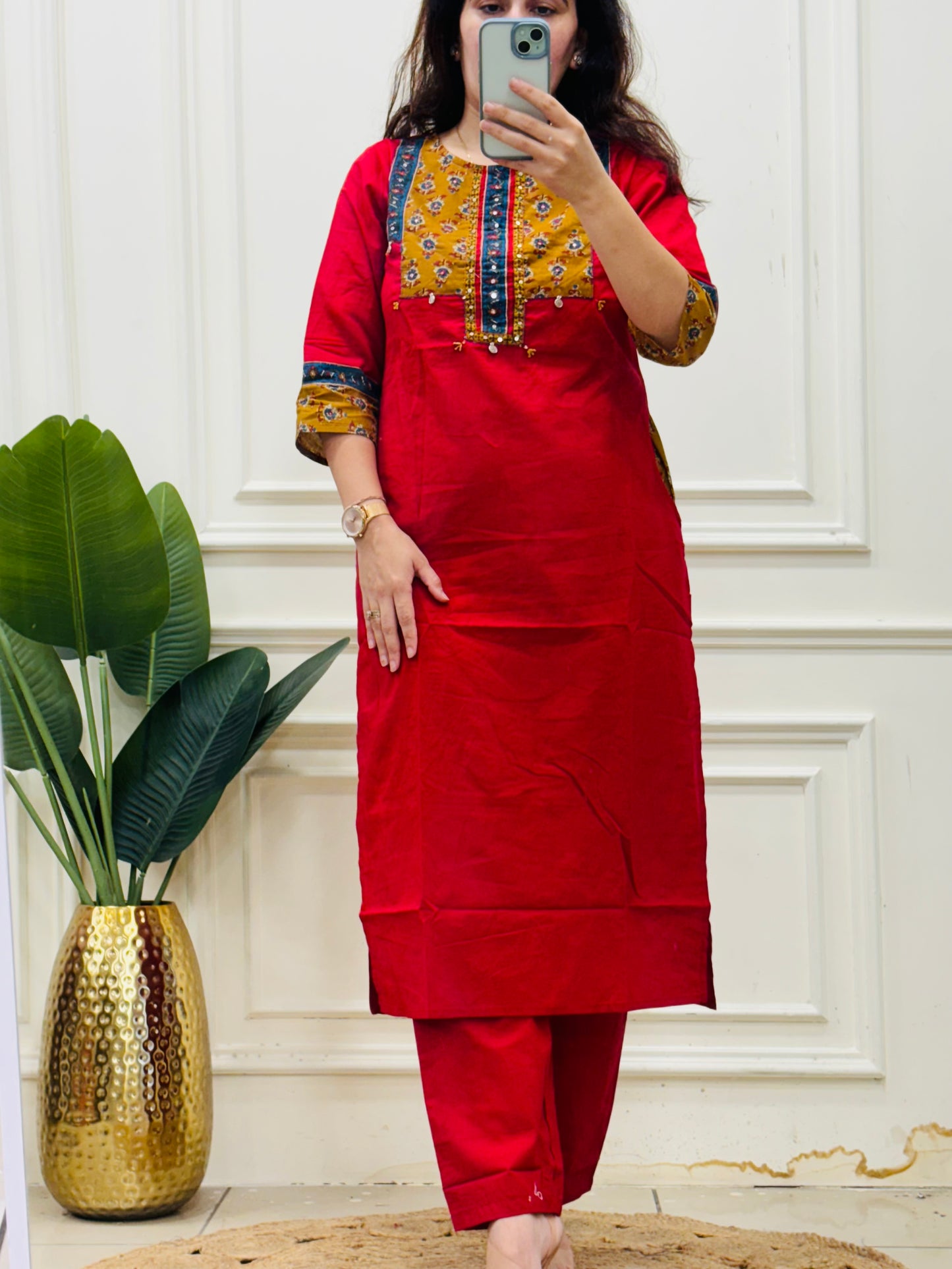 Pure cotton yolk Red embroidery kurta set