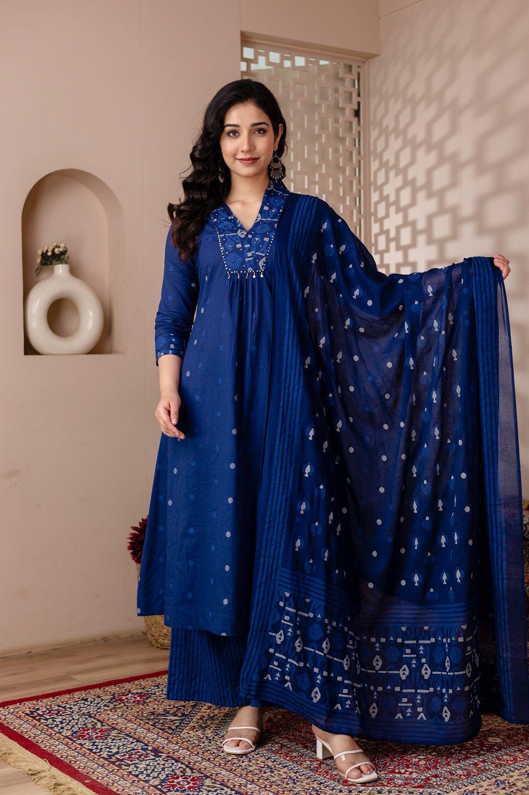 Blue cotton kurta set with plazzo