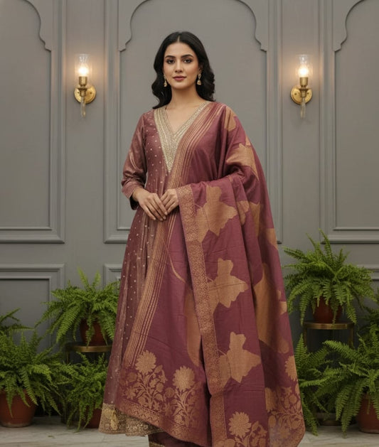 Tissue shimmer jaquard Designer anarkali with embroidery