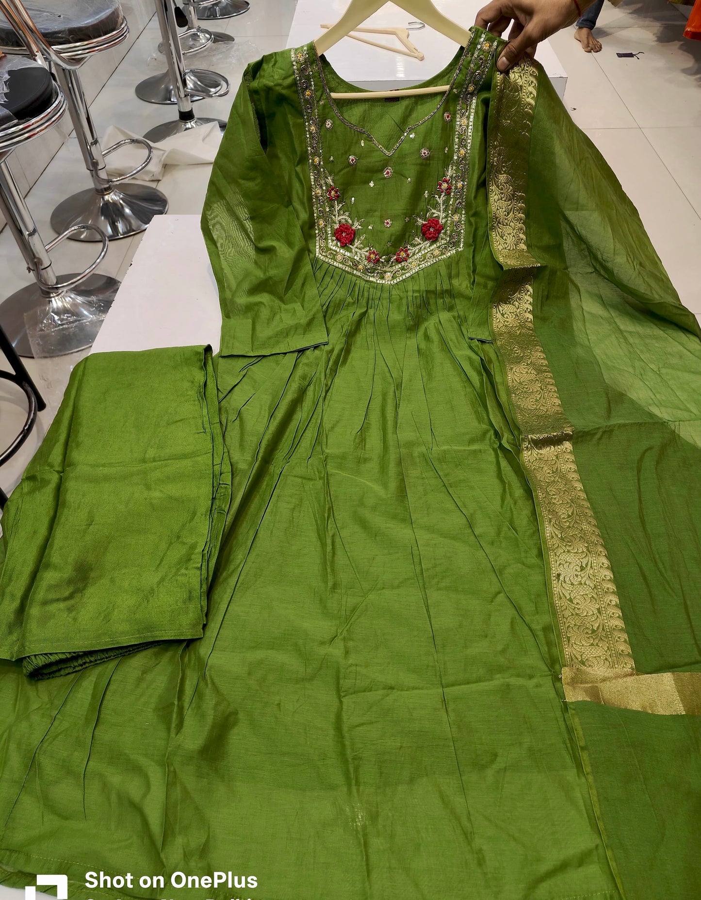 Premium Mul chanderi hand embroidered kurta set