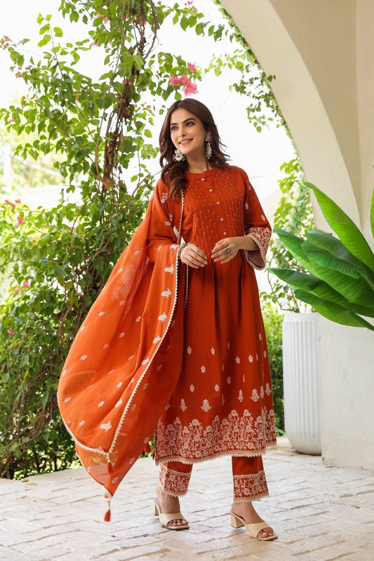 Rust Colour Cotton Anarkali suits