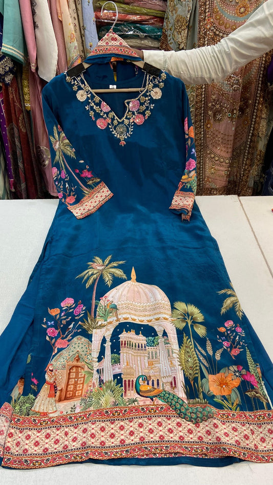 Pure crepe digital printed embroidery peacock kurta set
