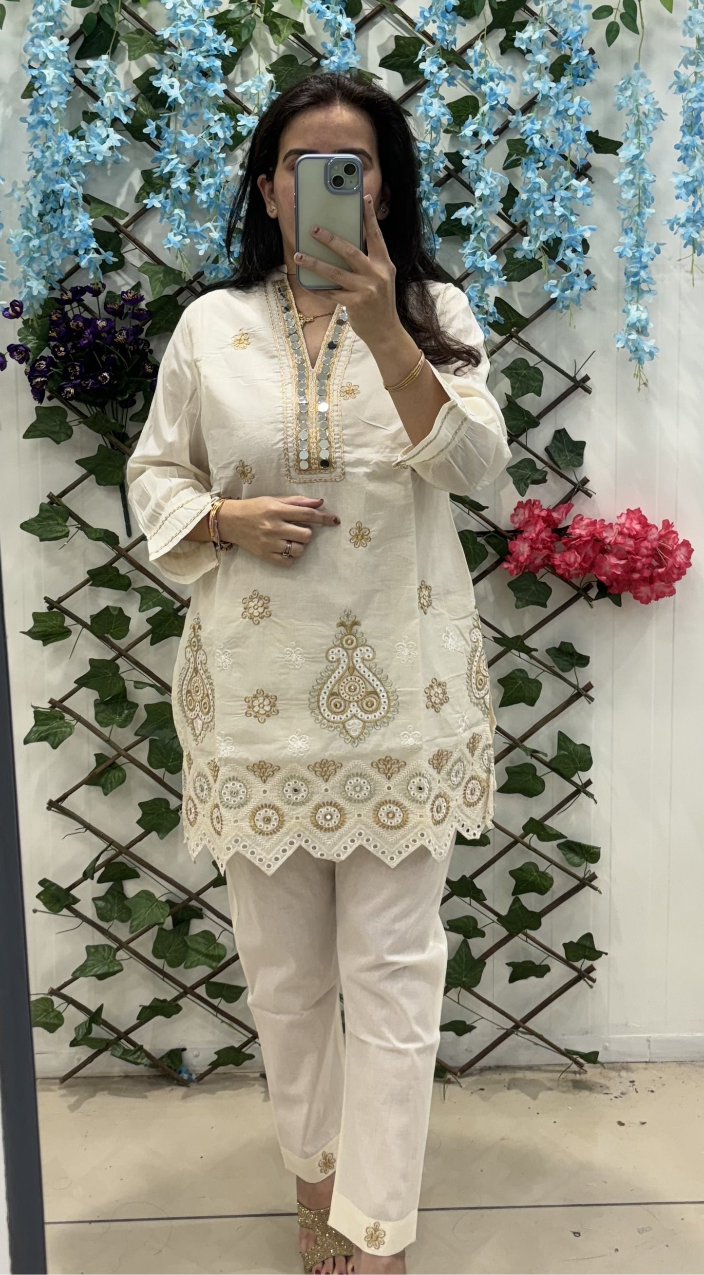 Off White Co-ord Set With Mirror Work On Neck And Cut Work Border