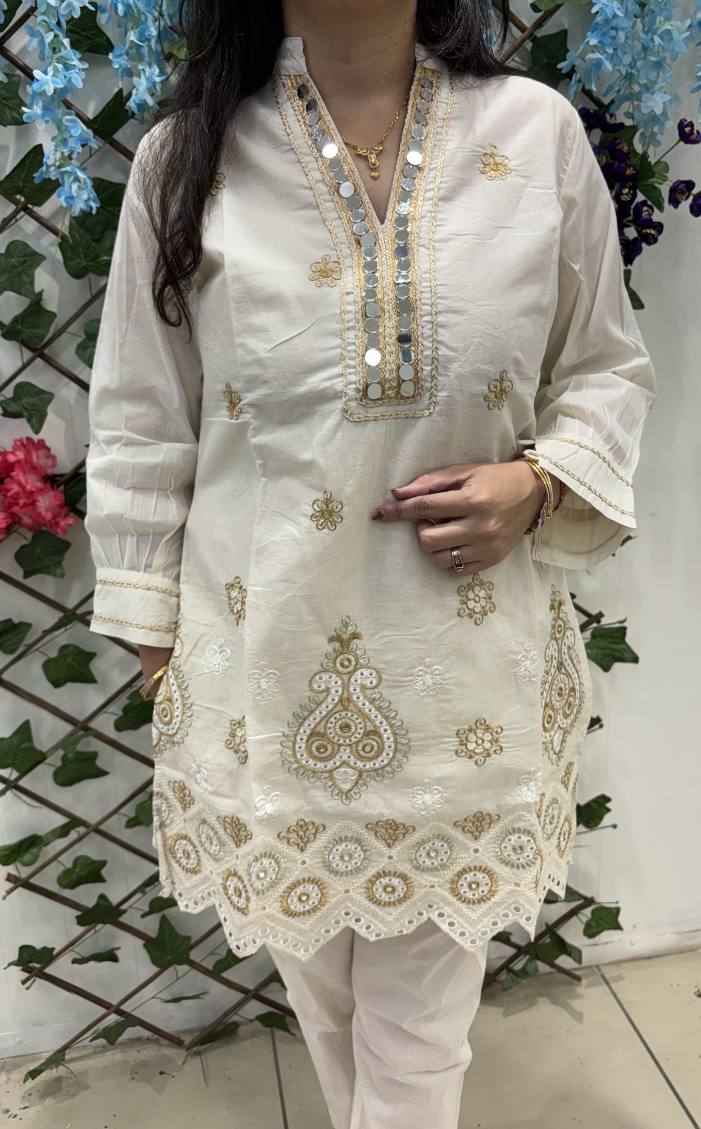 Off White Co-ord Set With Mirror Work On Neck And Cut Work Border