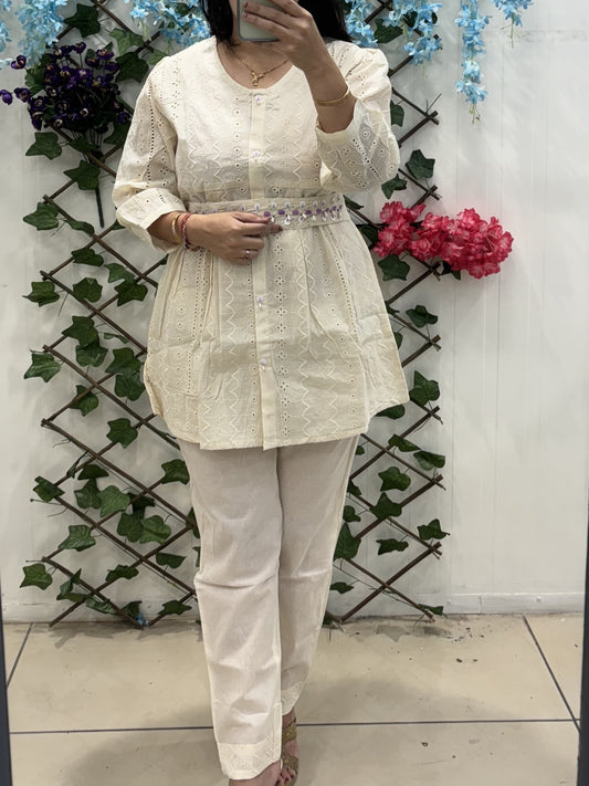 Schiffli Co-ord set With Lavender Sequins On Belt