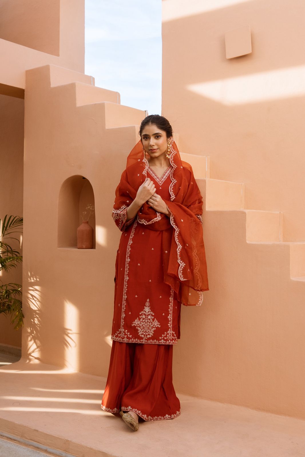 Orange masleen modale embroidered kurta set