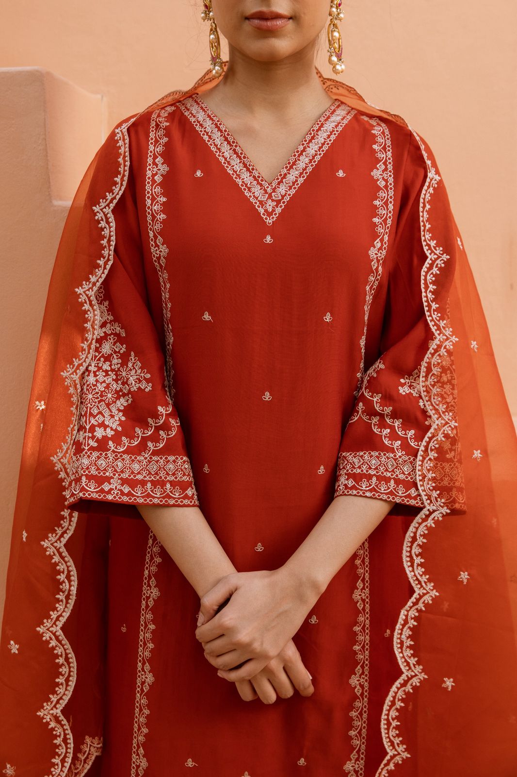 Orange masleen modale embroidered kurta set