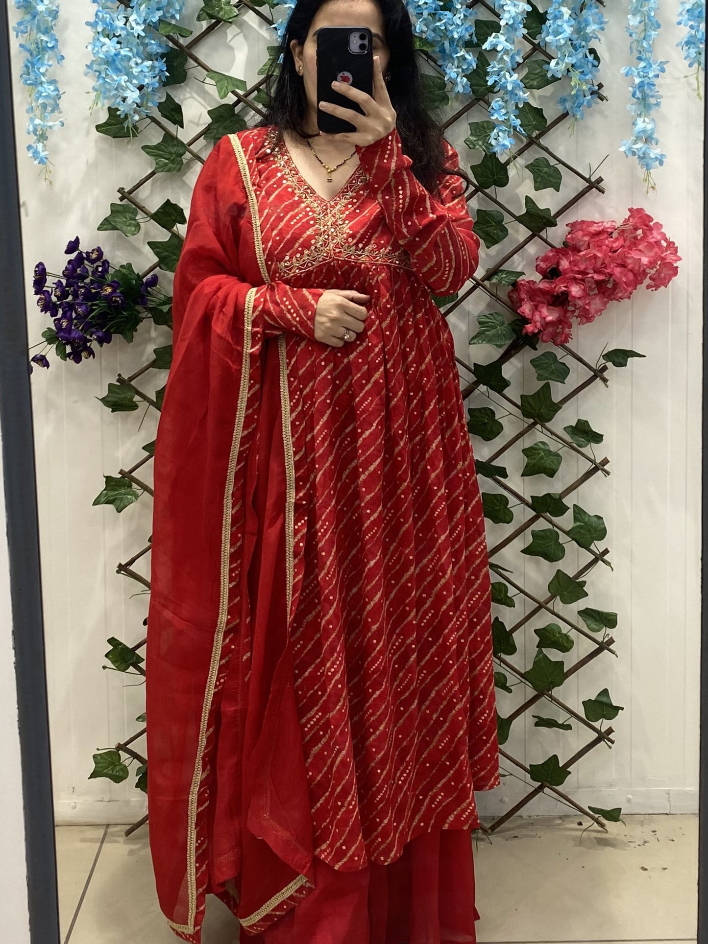 Red Chinon Alia Suit With Plazo