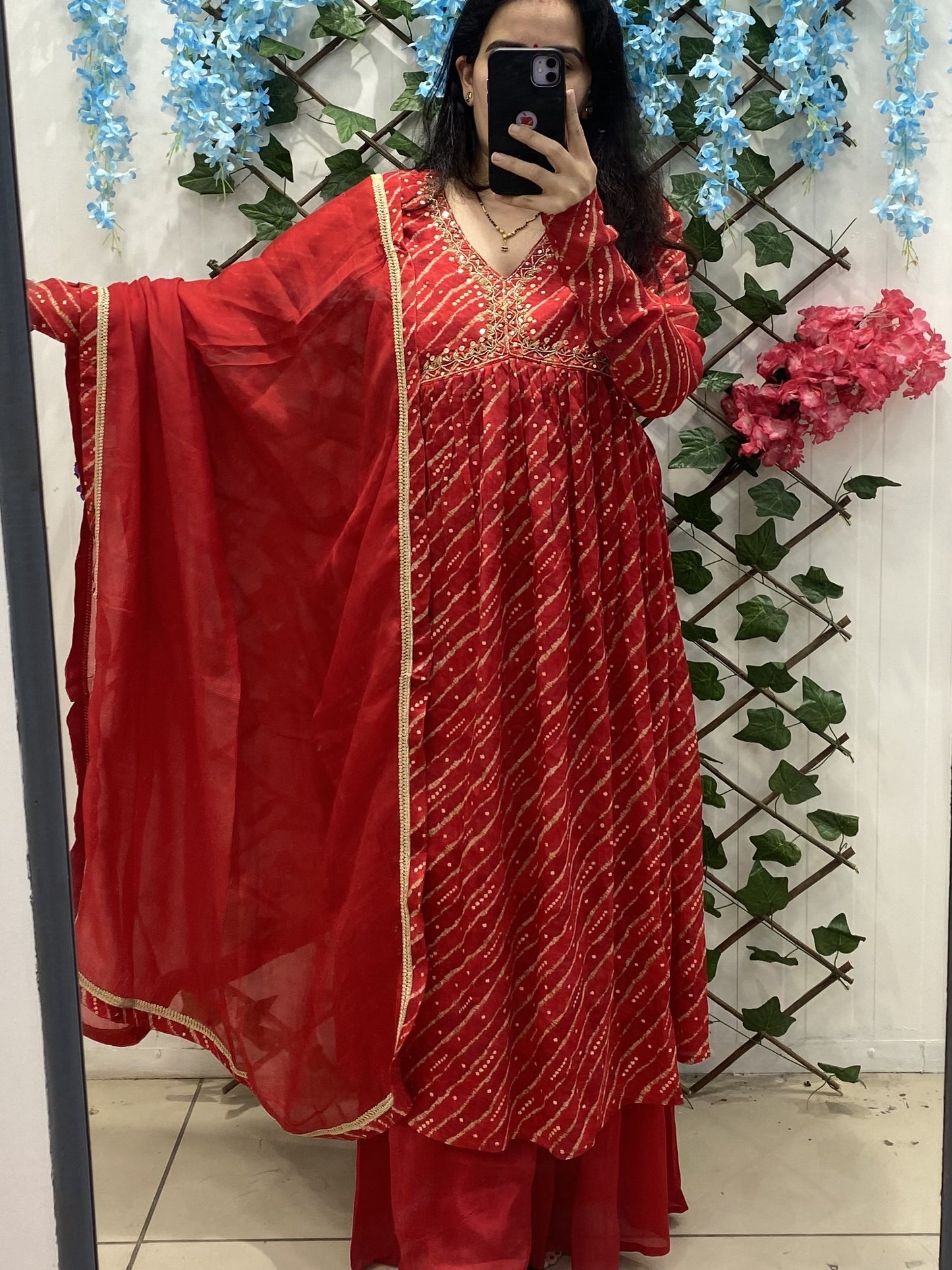 Red Chinon Alia Suit With Plazo