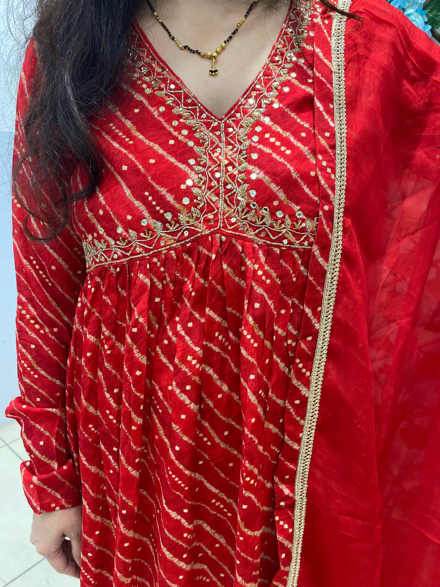 Red Chinon Alia Suit With Plazo