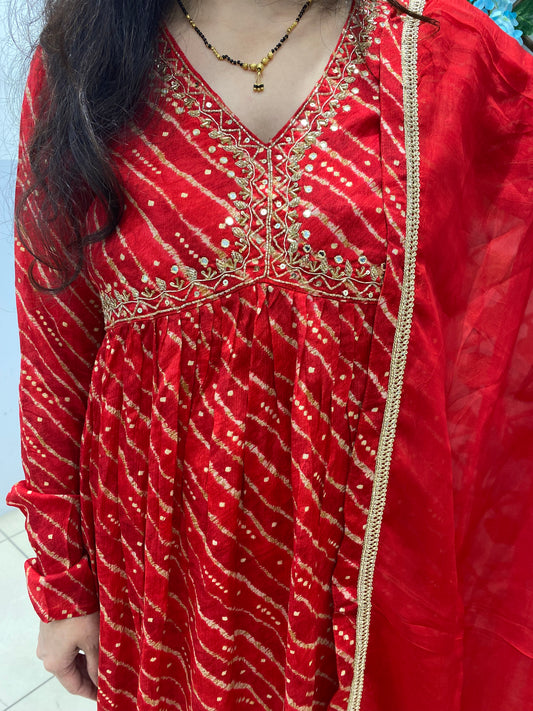 Red Chinon Alia Suit With Plazo