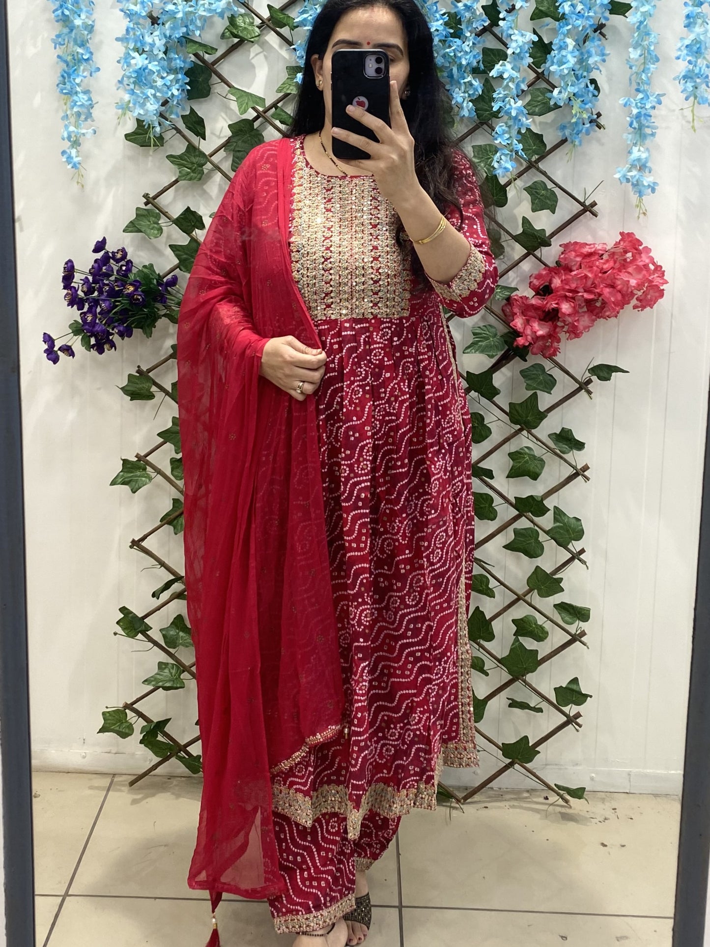 Red Bandhani Rayon Nyra Set