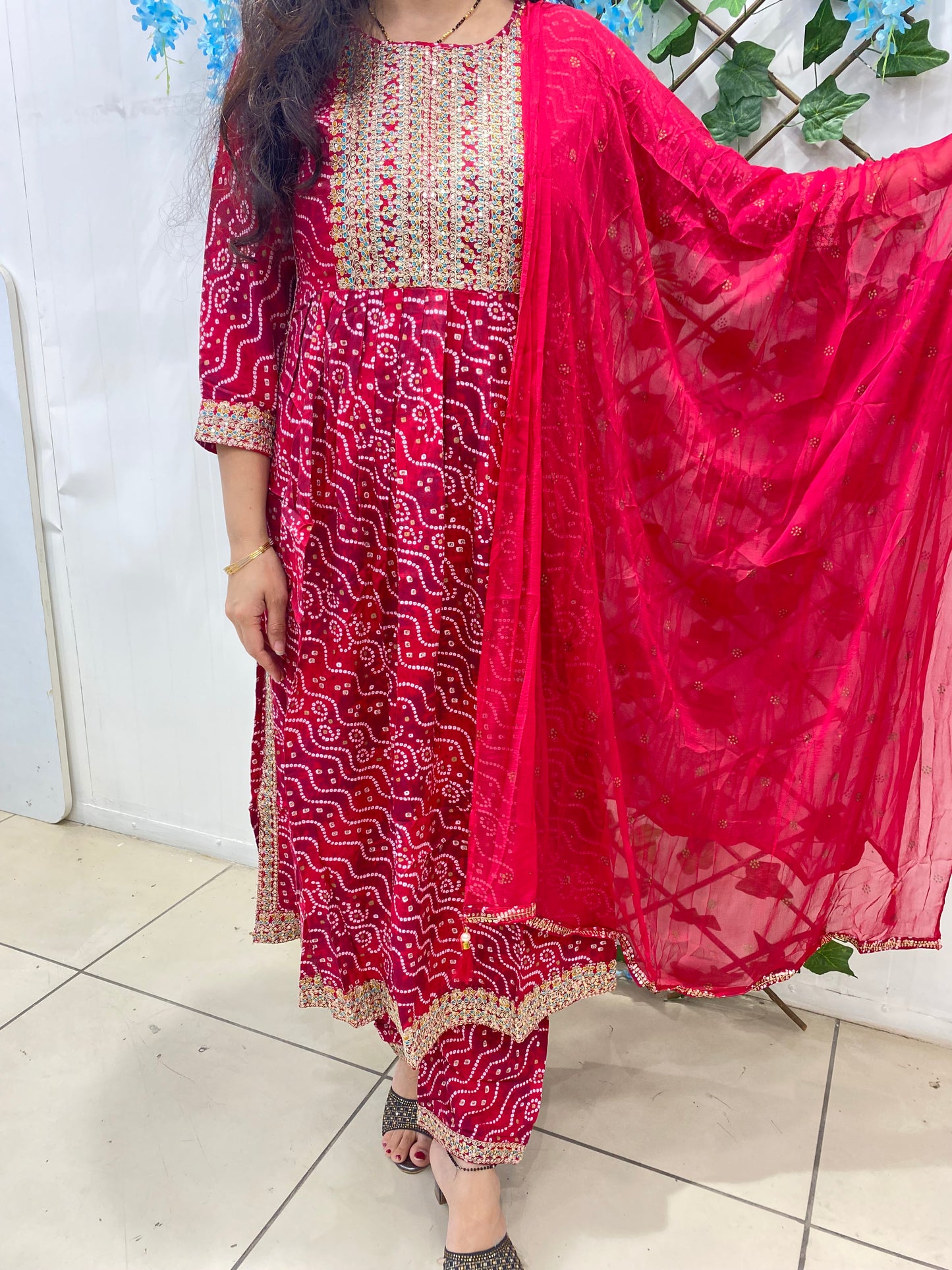 Red Bandhani Rayon Nyra Set
