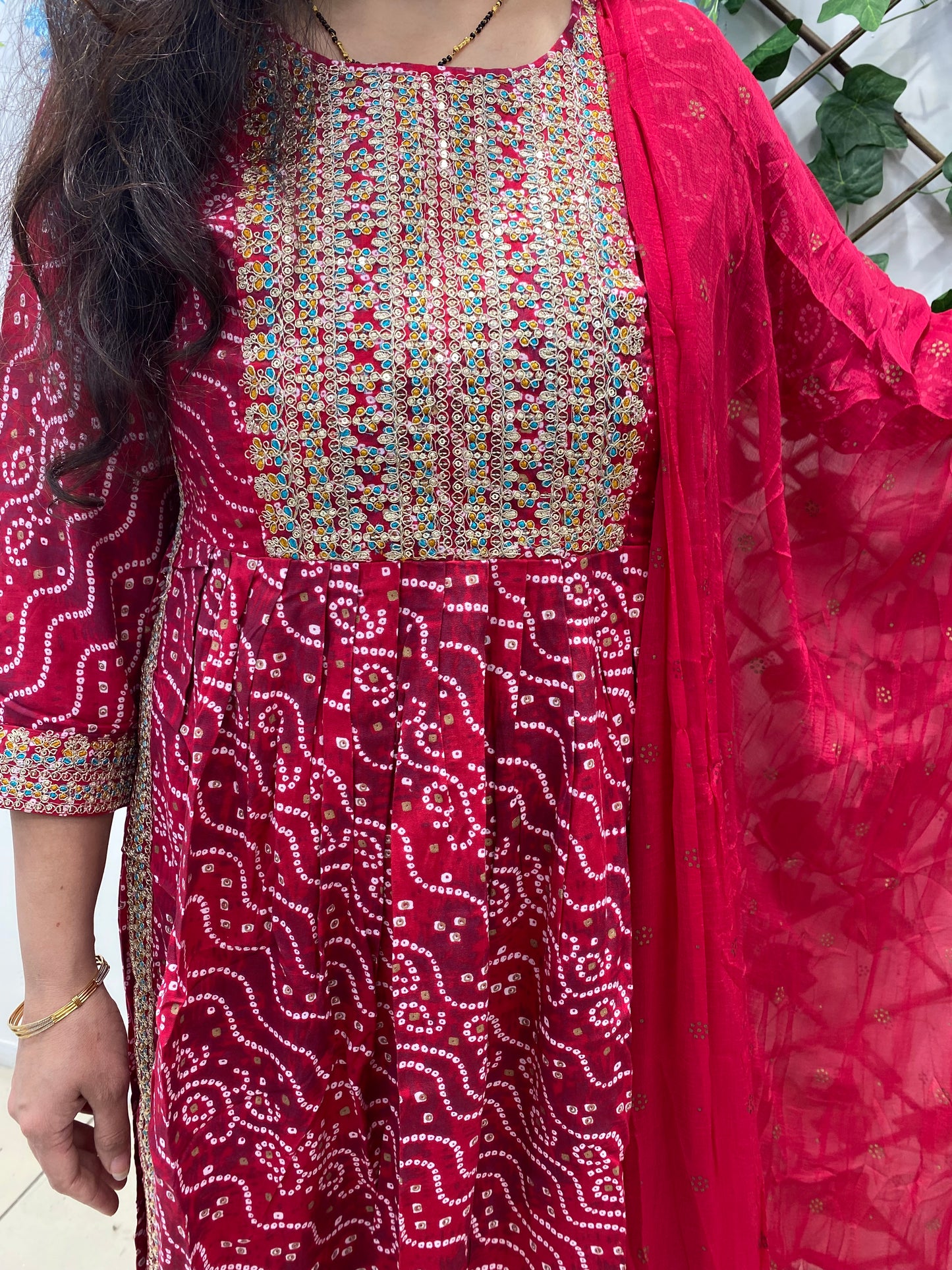 Red Bandhani Rayon Nyra Set