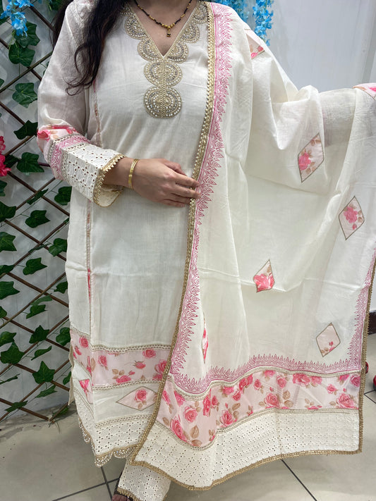 White Cotton With Pearl Work On Neck